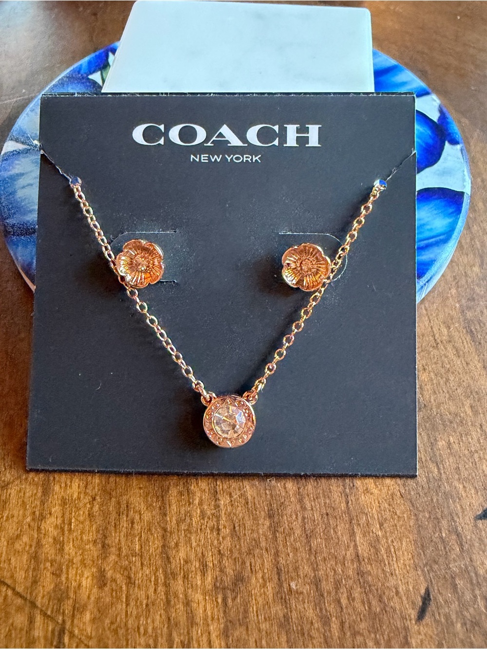 Coach Signature Stone Tea Rose necklace and earrings set #E209 rose gold tone